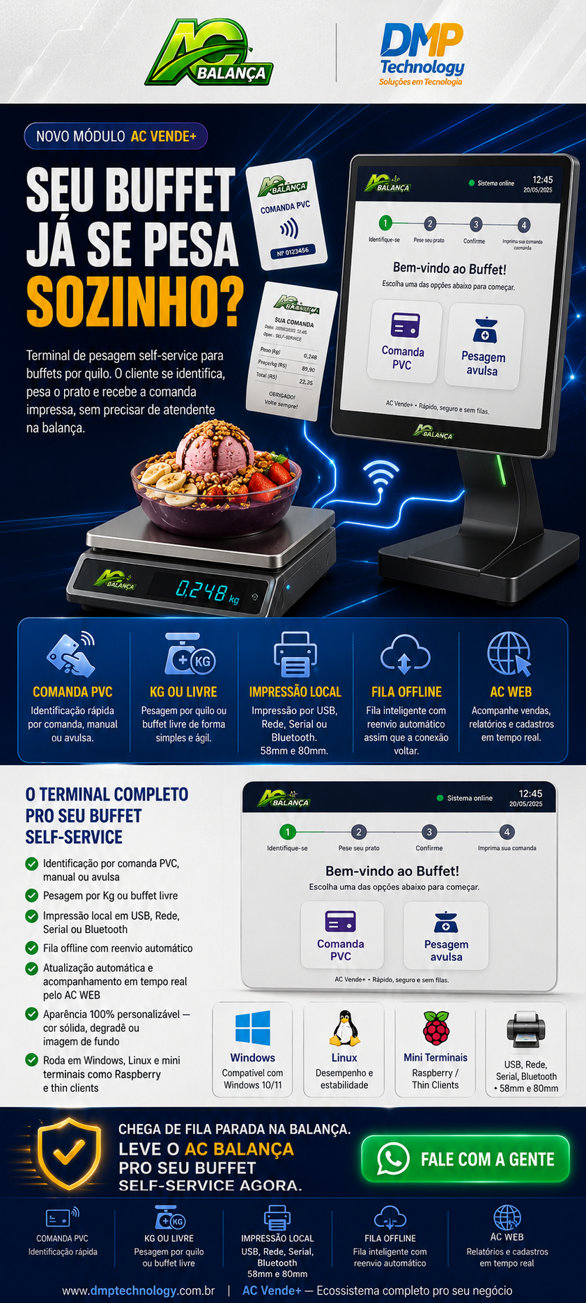 Terminal AC Balanca para buffet self-service com pesagem e emissao de comanda.