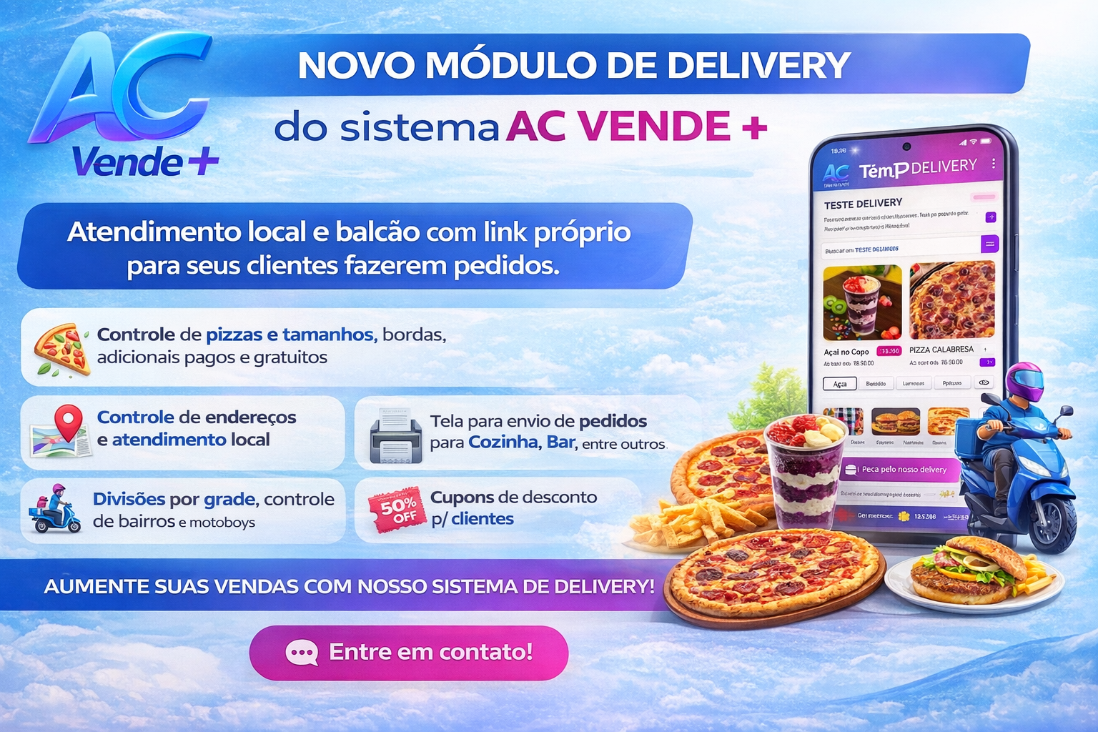 Modulo de delivery do AC VENDE+ com app de pedidos e atendimento local.