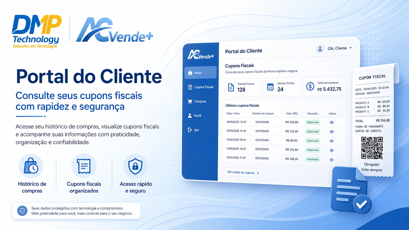 Tela do Portal do Cliente com consulta de cupons e historico de compras.