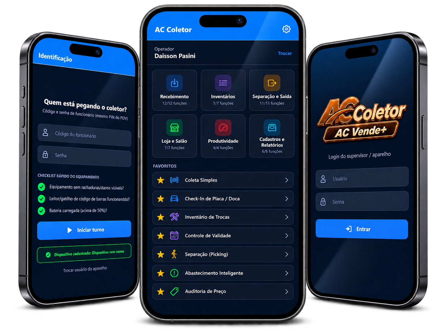 Imagem principal do AC Coletor com telas de identificacao, painel inicial e login do aparelho.