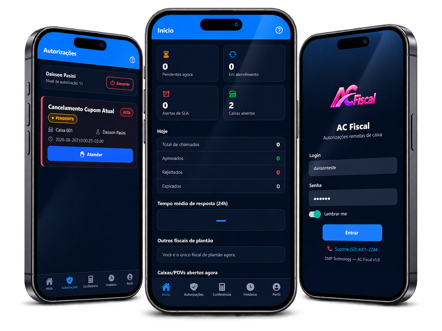 Imagem principal do AC Fiscal com tres telas do app para autorizacoes, inicio e login.